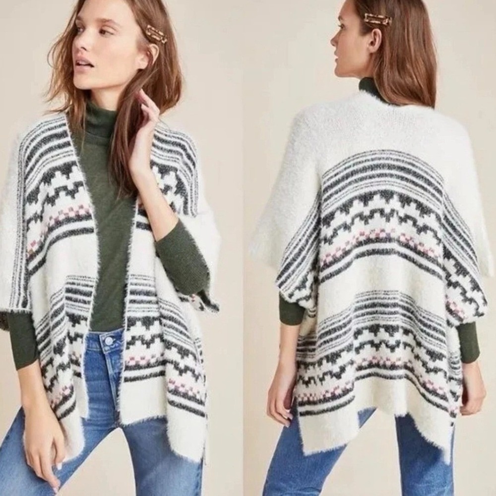 Akemi + Kin Poncho Sweater O/S Ivory Black Southwestern Soft Knit Open Front